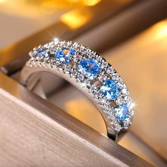 NEW 14k White Gold Blue Topaz Diamond Ring Band - Picture 3 of 4